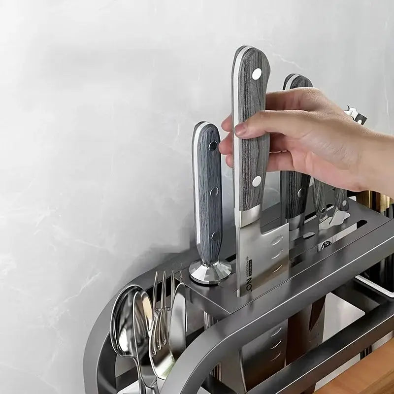 Stainless Steel Knife Holder Kitchen Rack With Integrated Cutting Board Storage For Efficient Countertop Organization