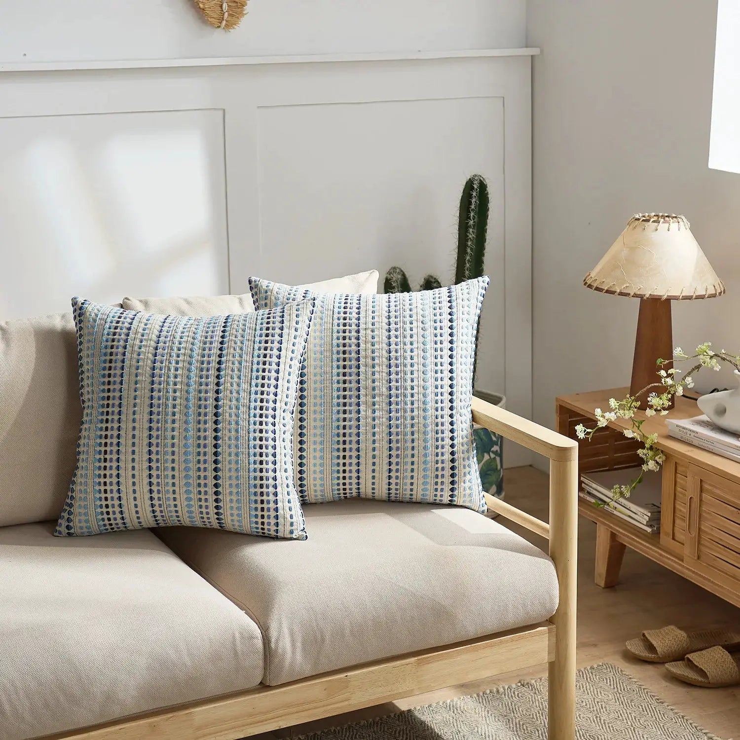 Boho Dots Jacquard Cushion Covers, blue striped pattern, 45x45 cm, zipper closure; two on sofa