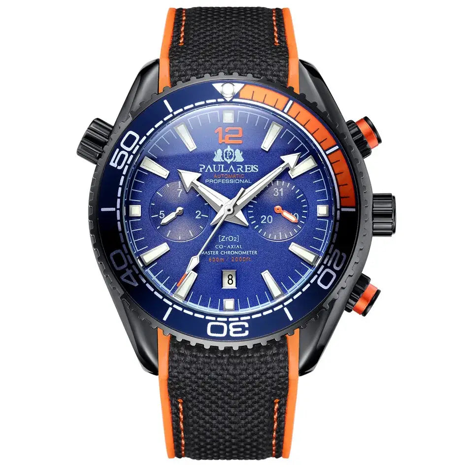 PAULAREIS automatic men's watch with blue dial, orange accents, black case, date window, and rubber strap