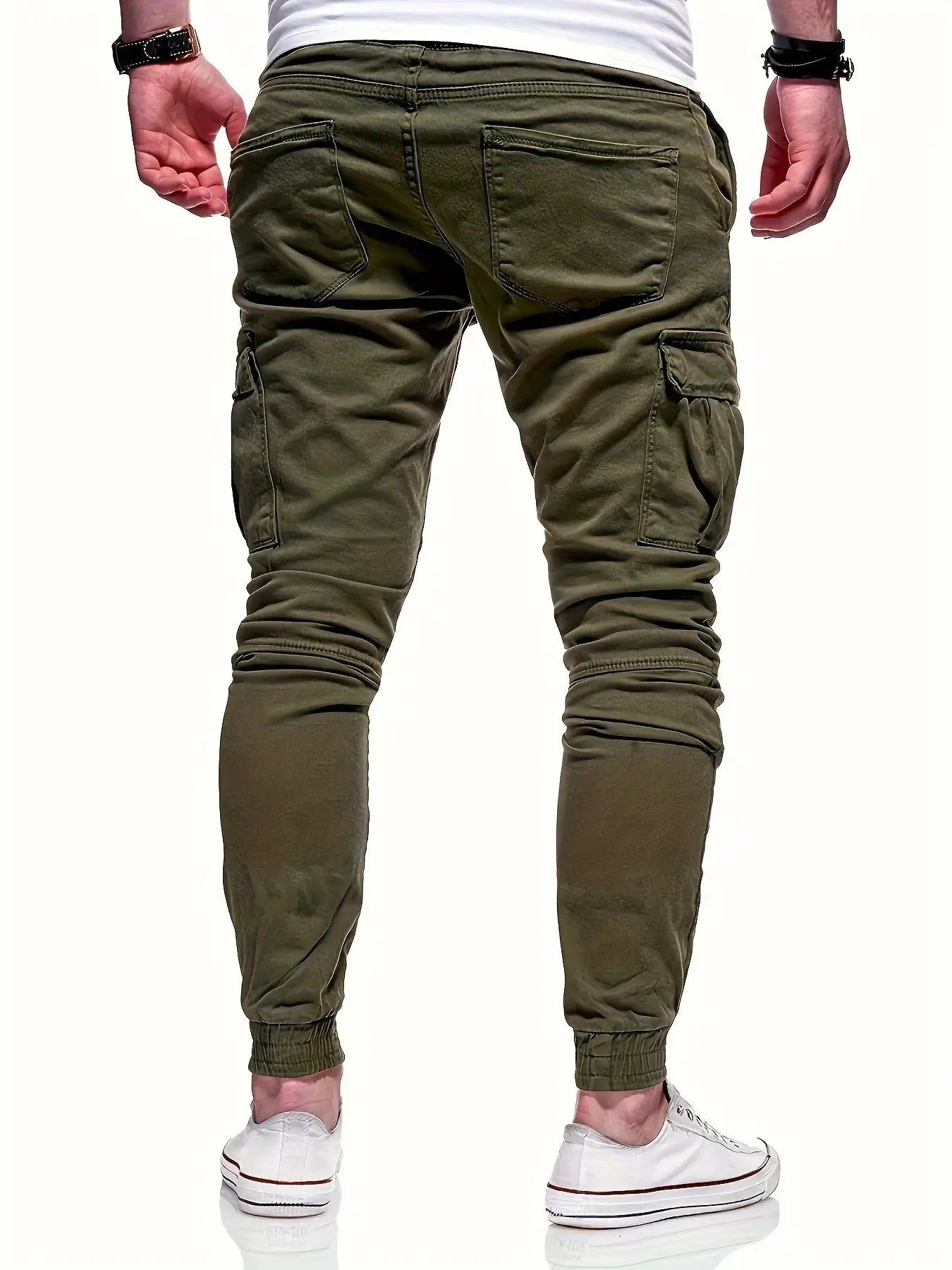 Men's olive green cargo work pants with multiple pockets and tapered cuffs