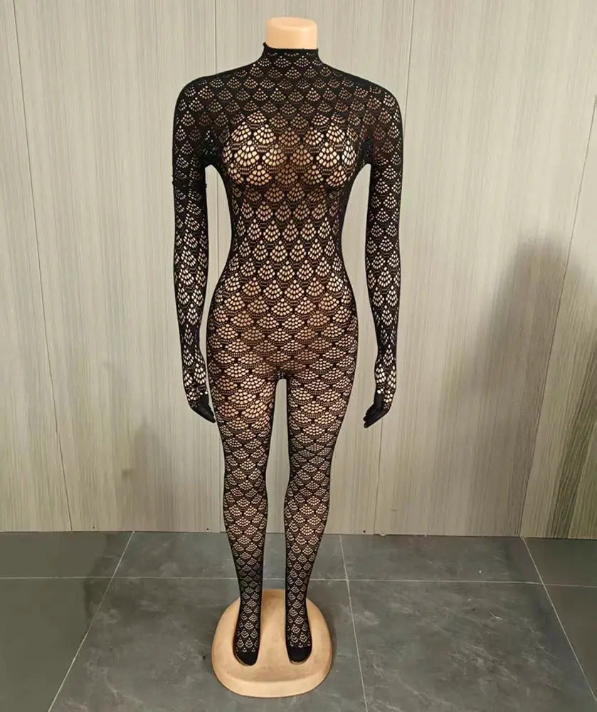 Simples Market women's black lace see-through mesh jumpsuit