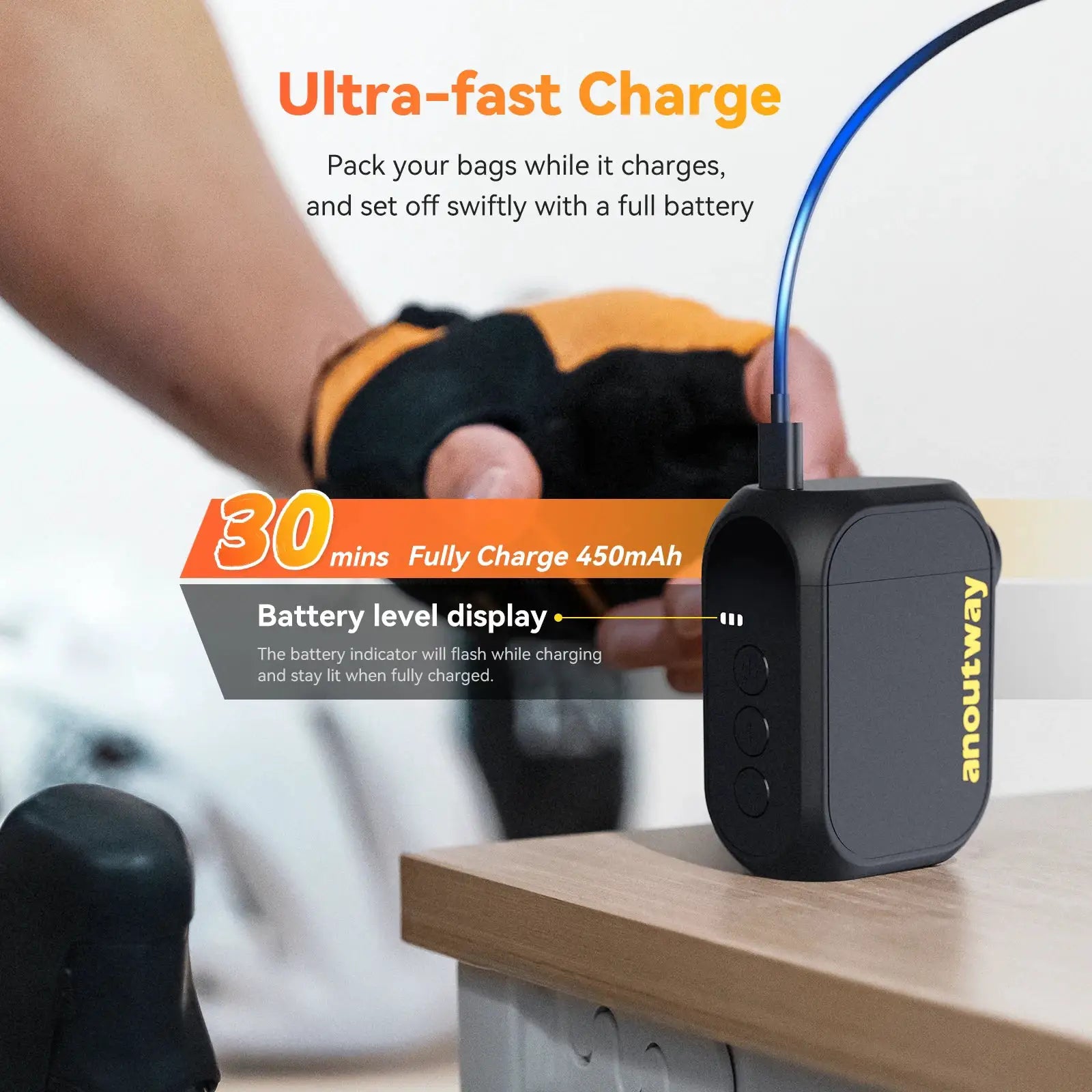 Anoutway AT1 Pro Mini Cordless Bike Tire Inflator With Screen 25 Mins Fast Charging 120 PSI Max