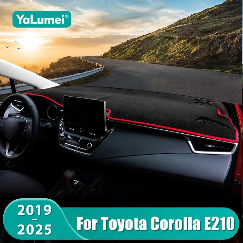 YaLumei dashboard sun shade mat for Toyota Corolla E210 (2019–2025), black with red trim, non-slip interior accessory.