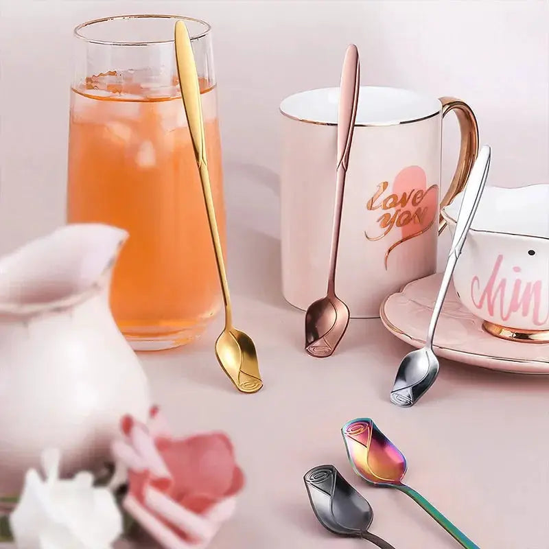 Long Handle Stainless Steel Teaspoon With Rose Shaped Handle For Dessert Coffee Tea Honey Salad New Year Gift