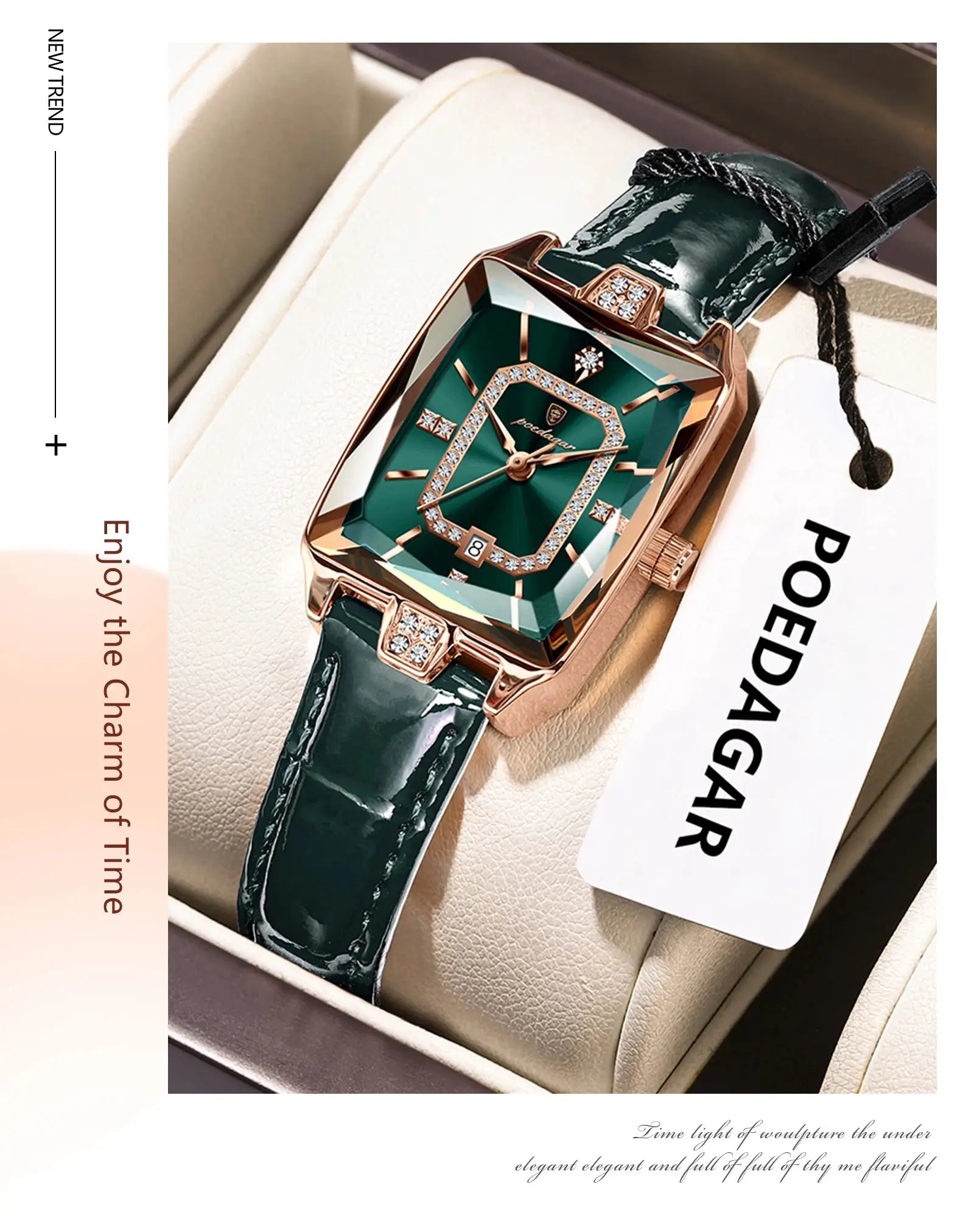 POEDAGAR luxury women’s wristwatch with green dial, rose-gold case, diamond-studded bezel, and green leather strap.