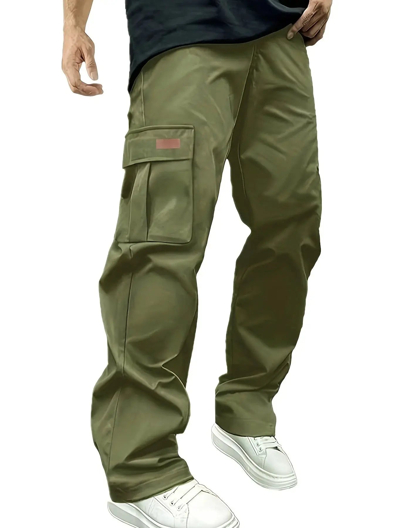 Men's olive green cargo work pants with multiple pockets and side cargo pocket