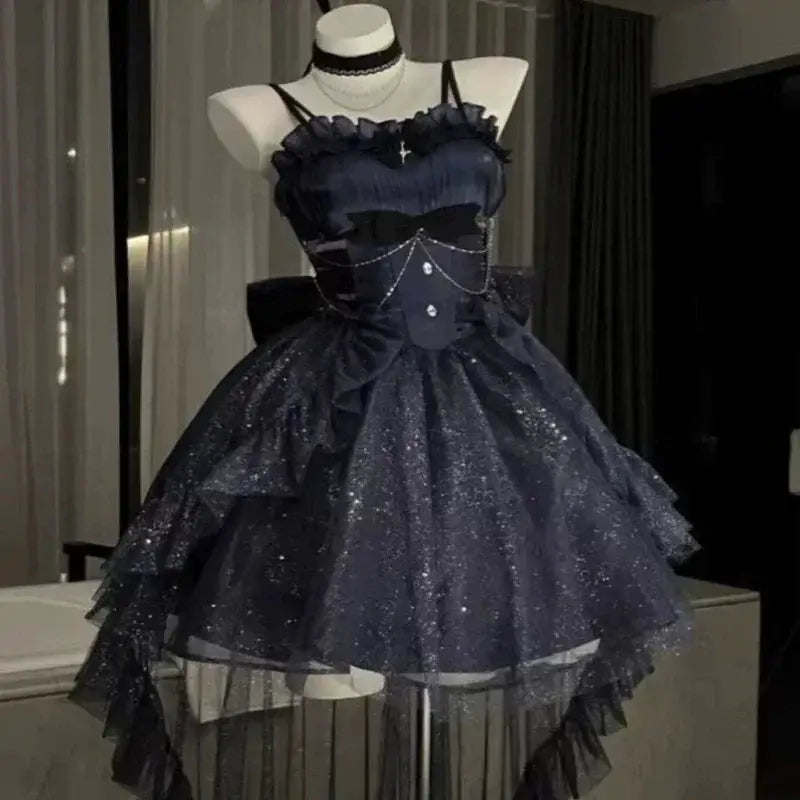 Gothic Y2K Sling Party Dress For Women Harajuku Retro Tulle Ruffles