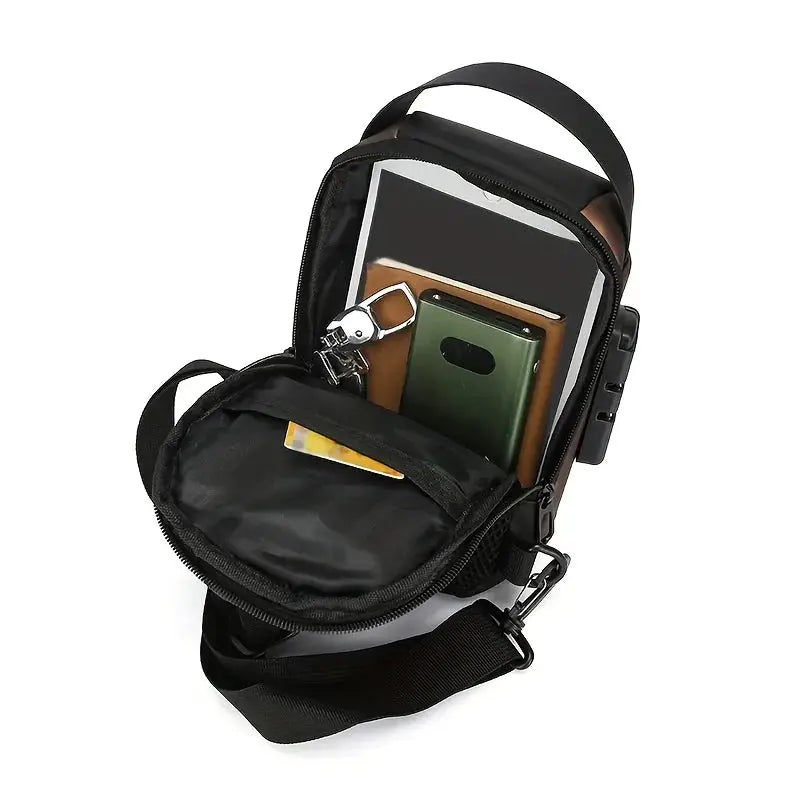 Stylish men's sling bag in black Oxford fabric with phone pocket, crossbody chest pack and zip closure.