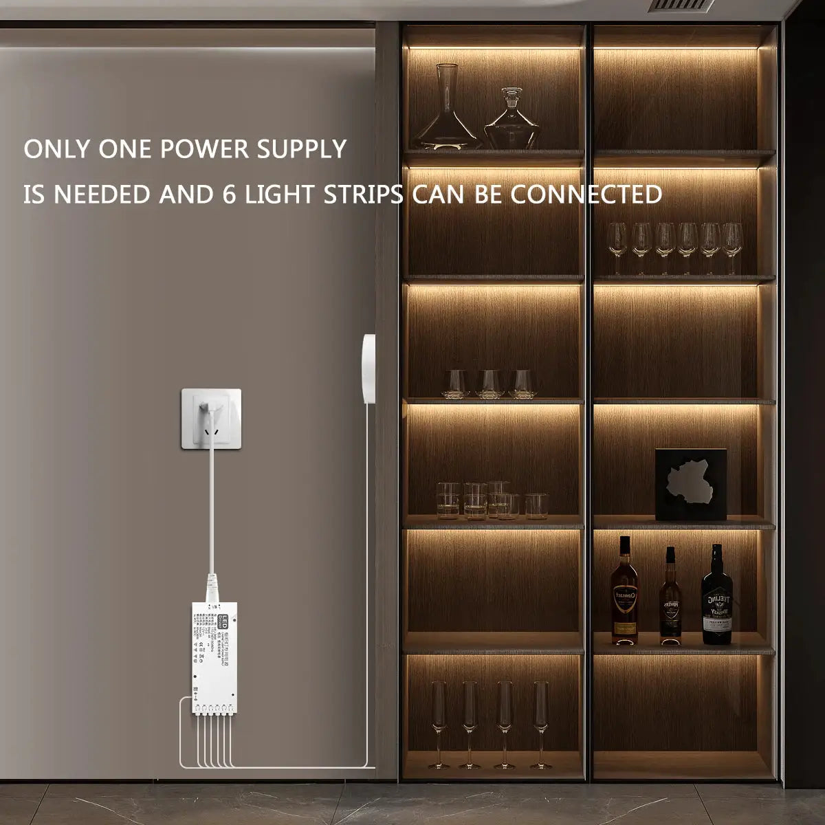 Under-cabinet COB LED strip light with touch sensor, dimmable, installed on wooden cabinet shelves with warm lighting