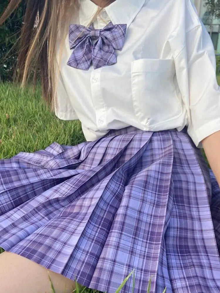 ZOKI plaid women pleated skirt with bow knot, purple plaid, high-waist, shown with white blouse