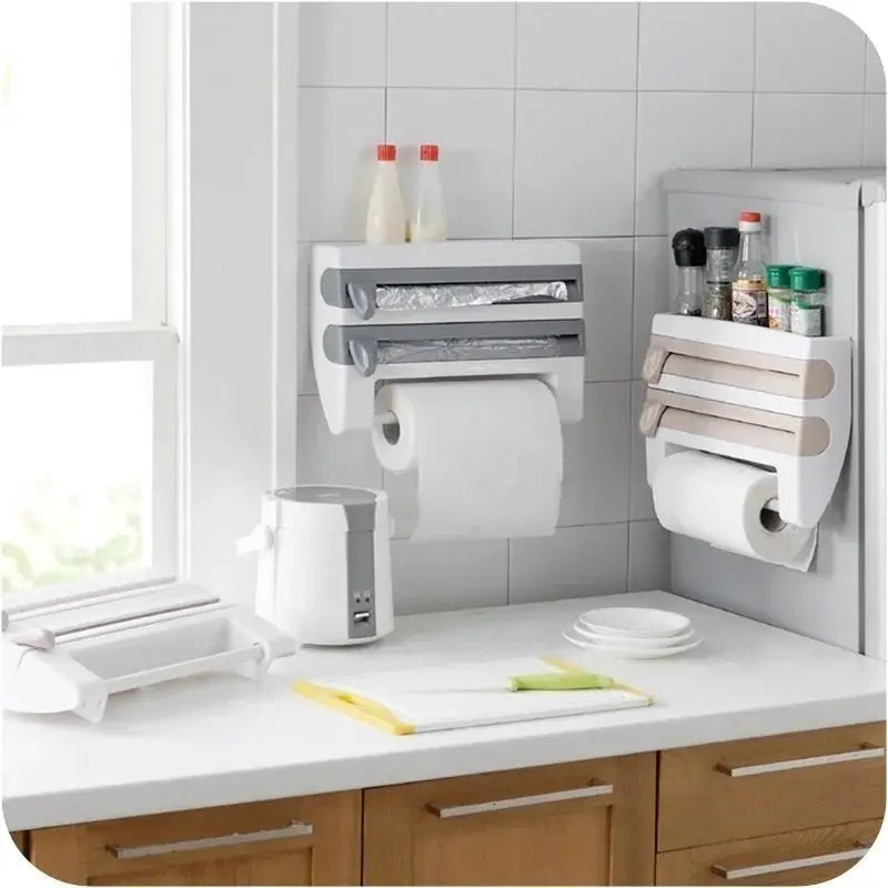 4 In 1 Adhesive Wall Mount Kitchen Organizer Paper Towel Holder Tissue Dispenser Film Cutter Sauce Bottle Rack
