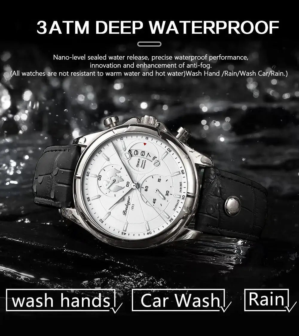 POEDAGAR luxury men's wristwatch with white chronograph dial, black leather strap, stainless steel case, 3ATM waterproof.