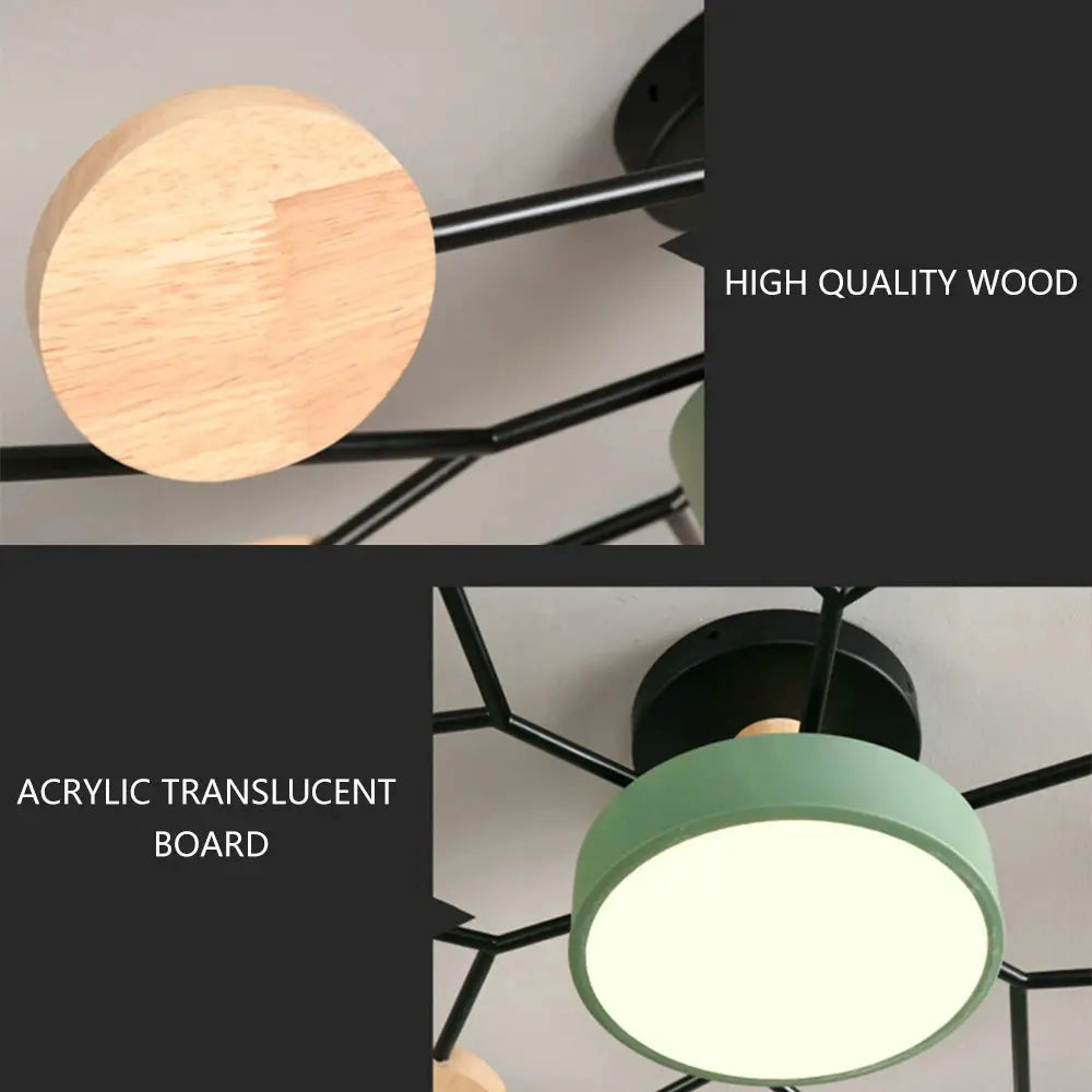 Modern LED chandelier by Simples Market with wooden discs and green acrylic shade on black metal frame