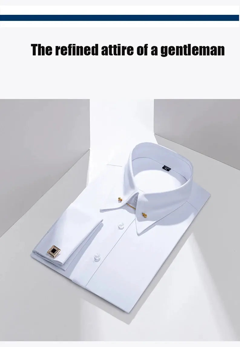 White dress shirt by Simples Market with French cuffs, gold cufflinks and collar pins