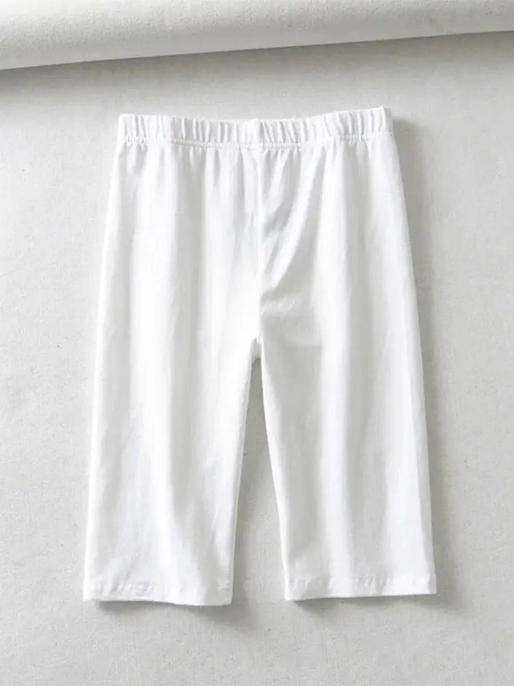 Women's white high-waist knee-length biker shorts, elastic waistband, Simples Market