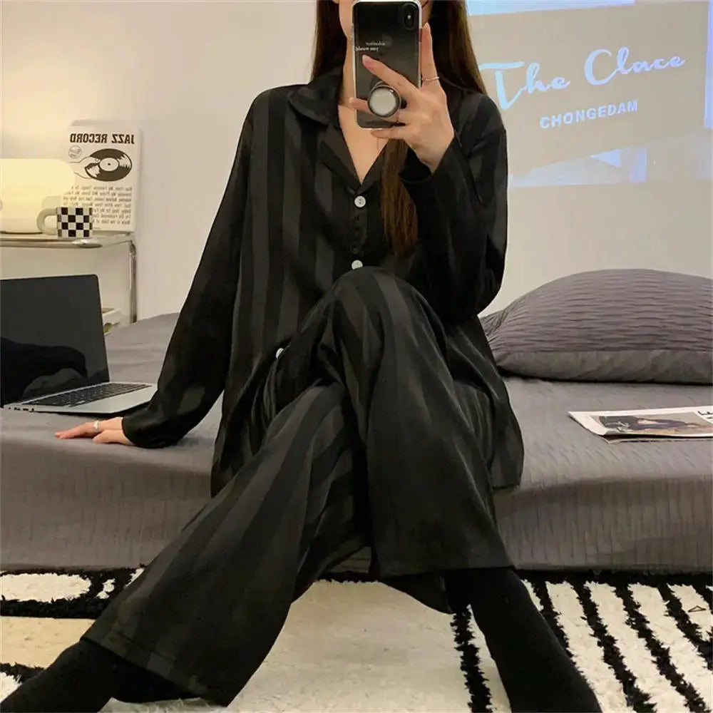 LuxeNest Womens Striped Satin Pajama Set Loose Fit All Season Comfort In Breathable Imitation Silk Polyester