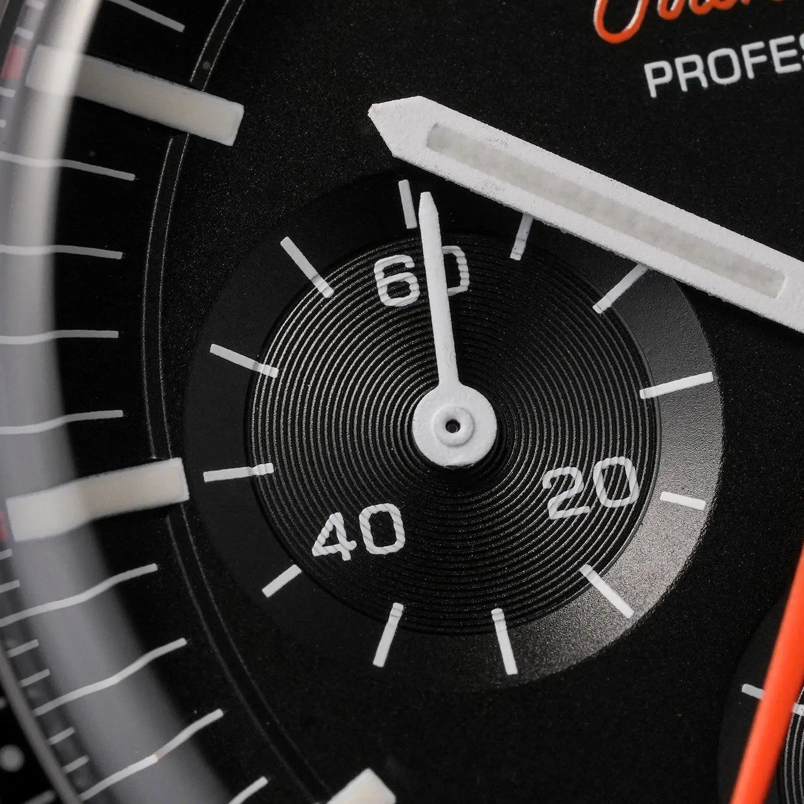 Watchdives WD1863 chronograph watch close-up dial with black face and white markers