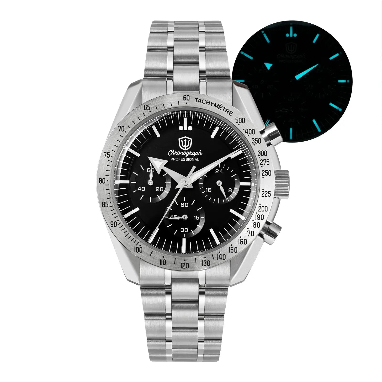 Watchdives WD1863 chronograph wristwatch with stainless steel bracelet, black dial, tachymeter bezel, and luminous hands.
