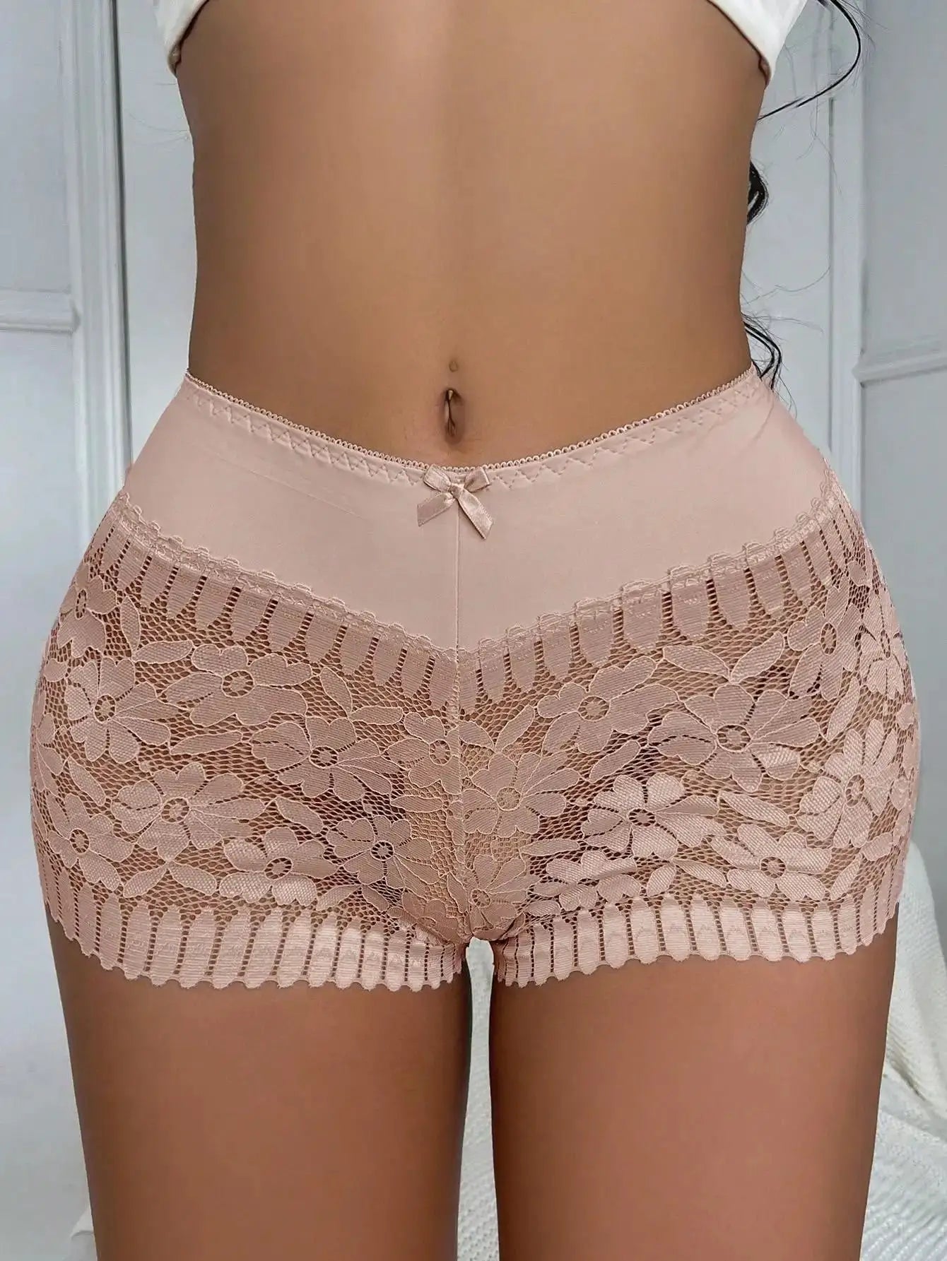 Sexy lace high-waist panties in peach nude with floral lace and small bow