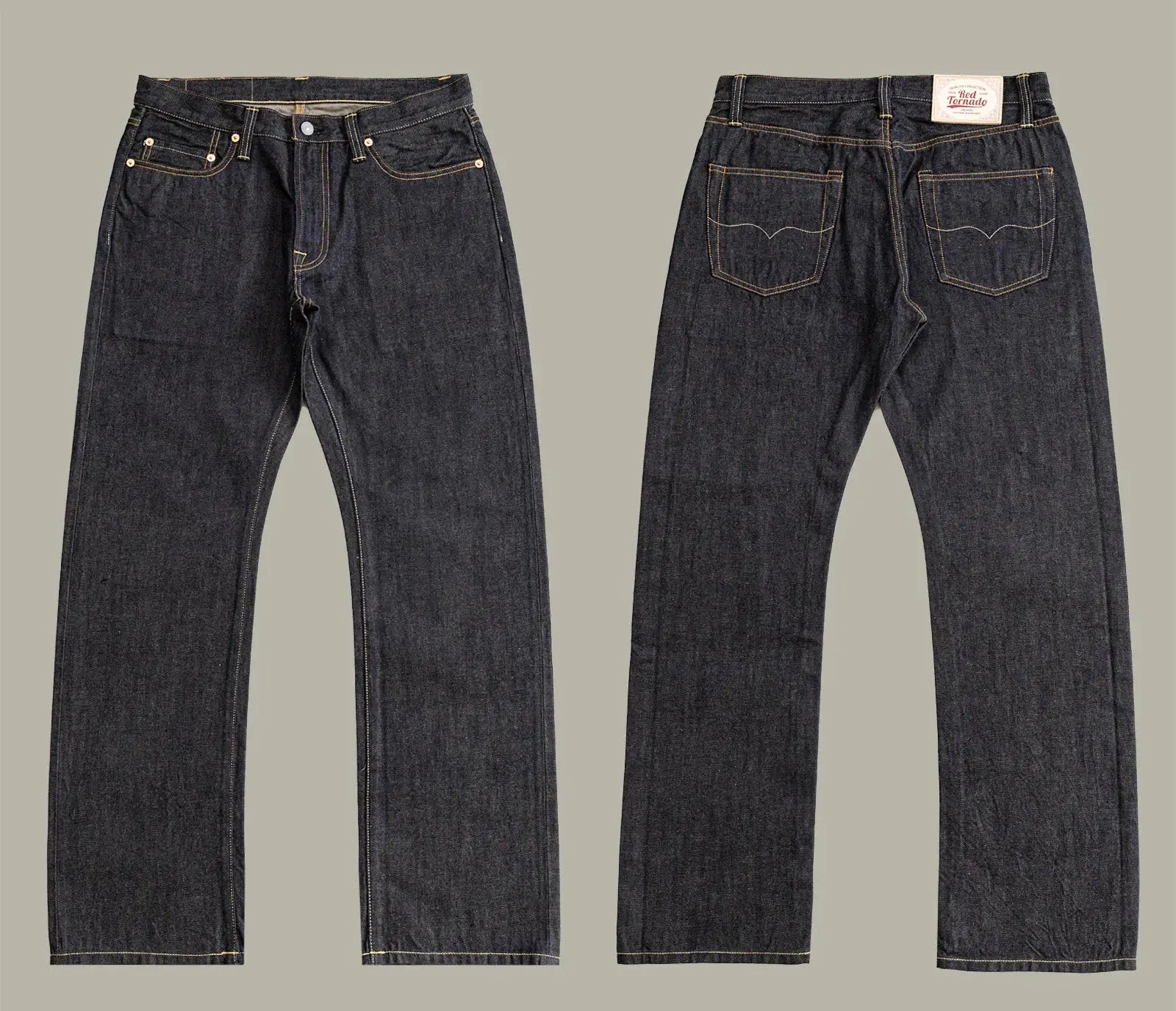 Red Tornado denim jeans, dark indigo 12oz selvedge, loose straight fit, front and back views