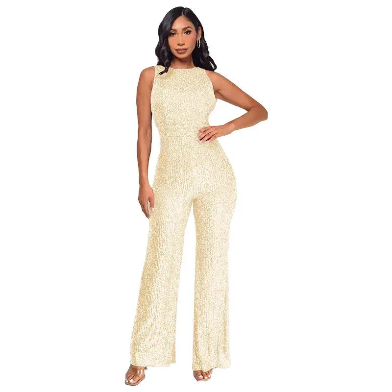 Sequin jumpsuit for women, champagne gold sleeveless high-waist with wide-leg pants.