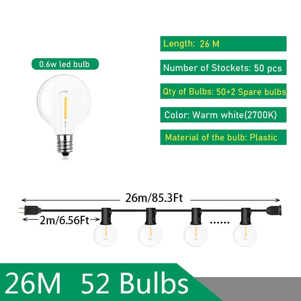 Dual Voltage 110V 220V Outdoor LED G40 Festoon Fairy String Lights For Patio Garden Wedding Street Party Decoration