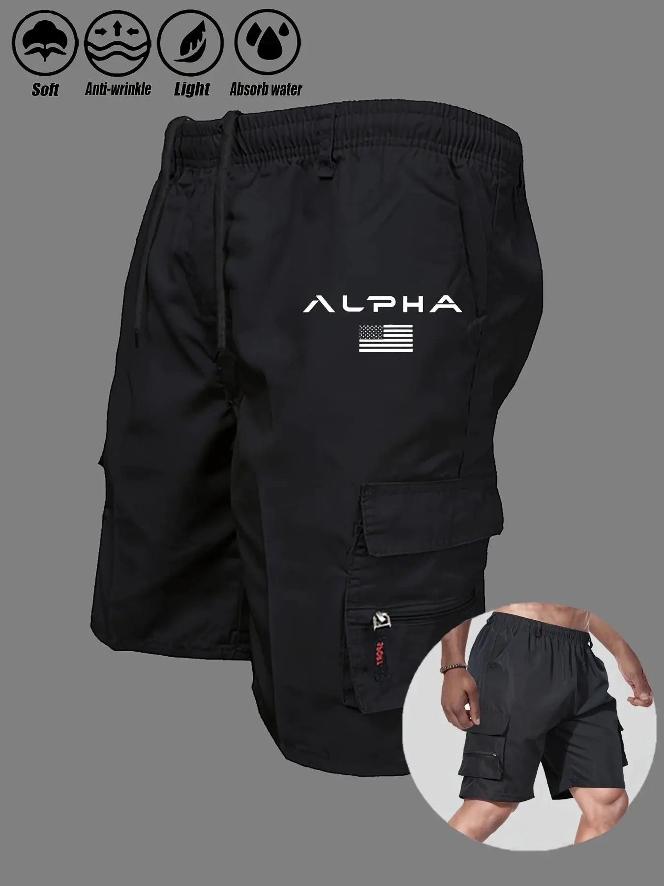 Black Alpha cargo shorts with white ALPHA logo and American flag graphic