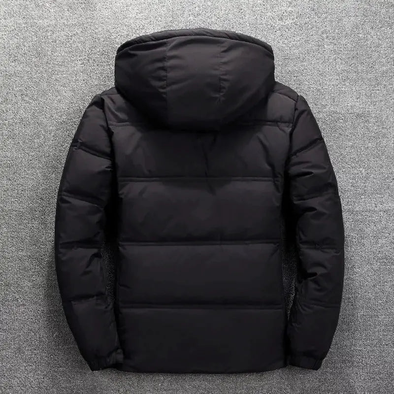 Black men's hooded down jacket with quilted padding, winter parka
