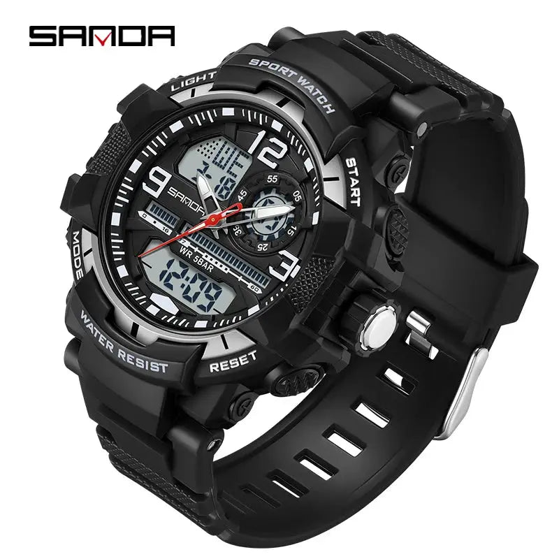 SANDA 6130 dual-display men's sport watch, black waterproof with analog and LED digital clock