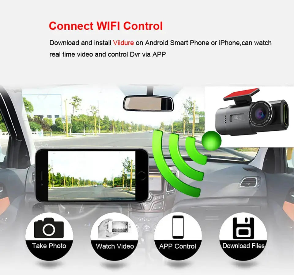 Dash Cam 4K GPS WIFI APP car DVR with mobile app control, black; optional rear lens
