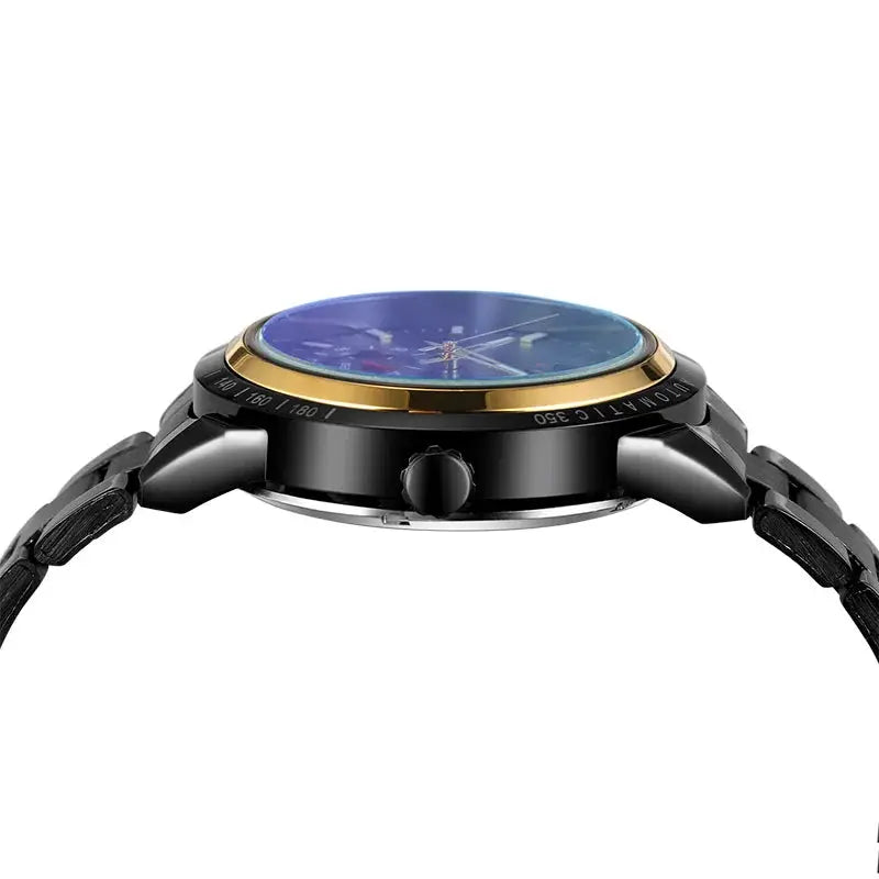 SKROX luxury blue-tinted sapphire crystal stainless steel automatic men's wristwatch with black case and gold bezel.