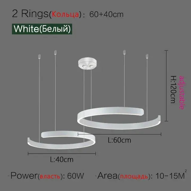 Nordic Ring LED Pendant Lamps, two white rings, dimmable, adjustable-height chandelier for living and dining.