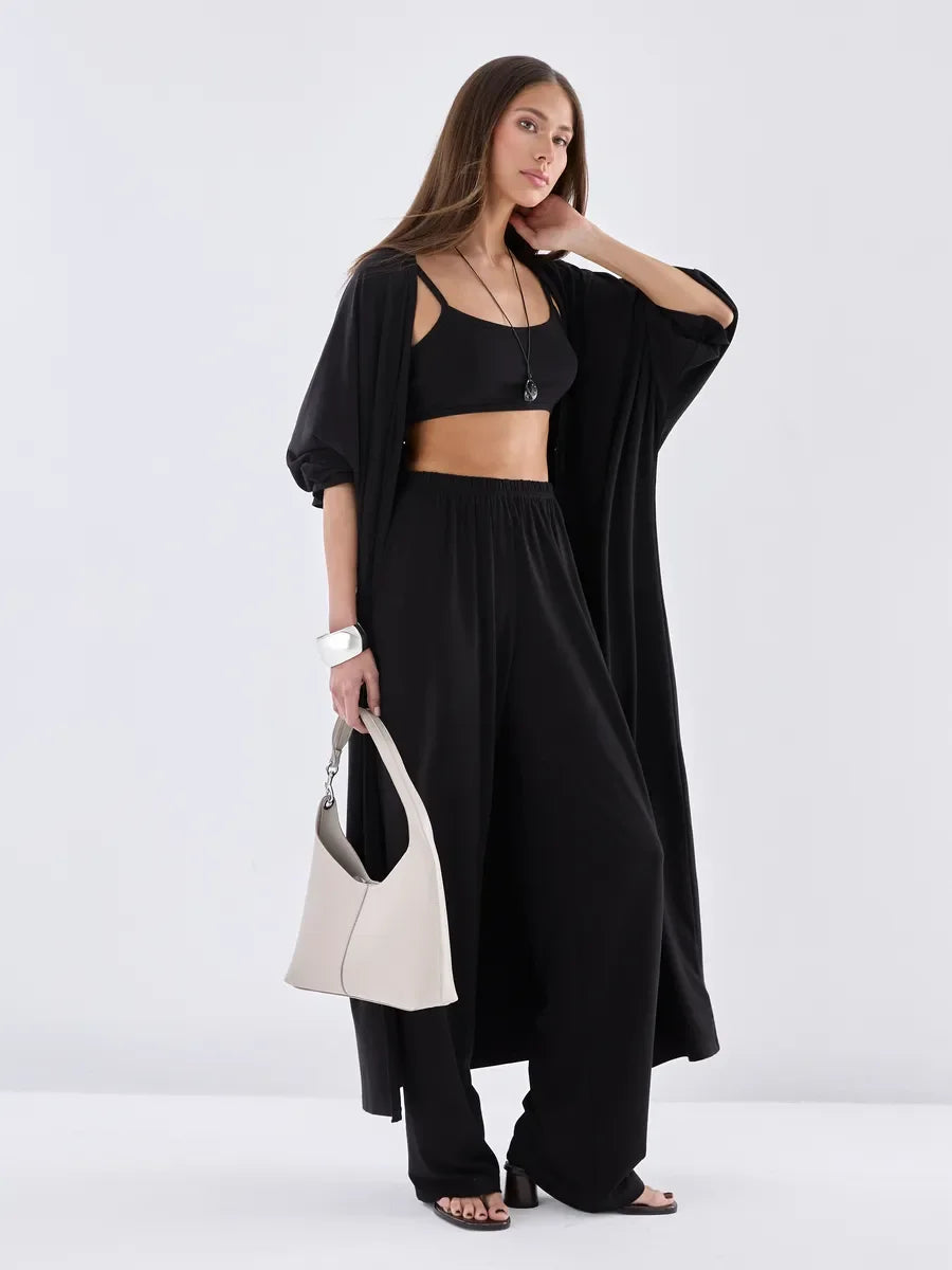 Modal Three Piece Women Set Long Sleeve Cardigan Vest High Waist Pants