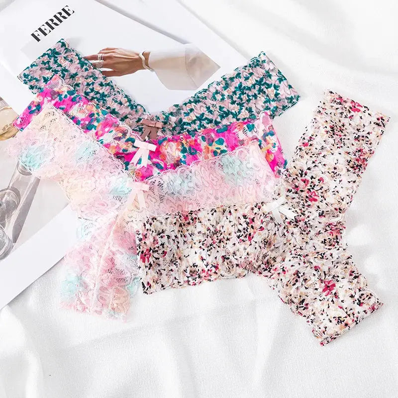 Set of 4 women's colorful floral lace thong underwear with ruffled edges