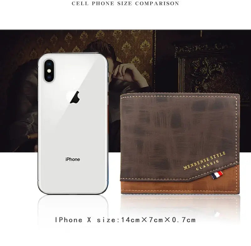 Men's frosted brown leather wallet with slim coin pocket beside iPhone X