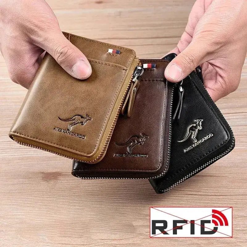 Three men's leather zippered wallets in tan, brown, and black with RFID protection and a kangaroo logo