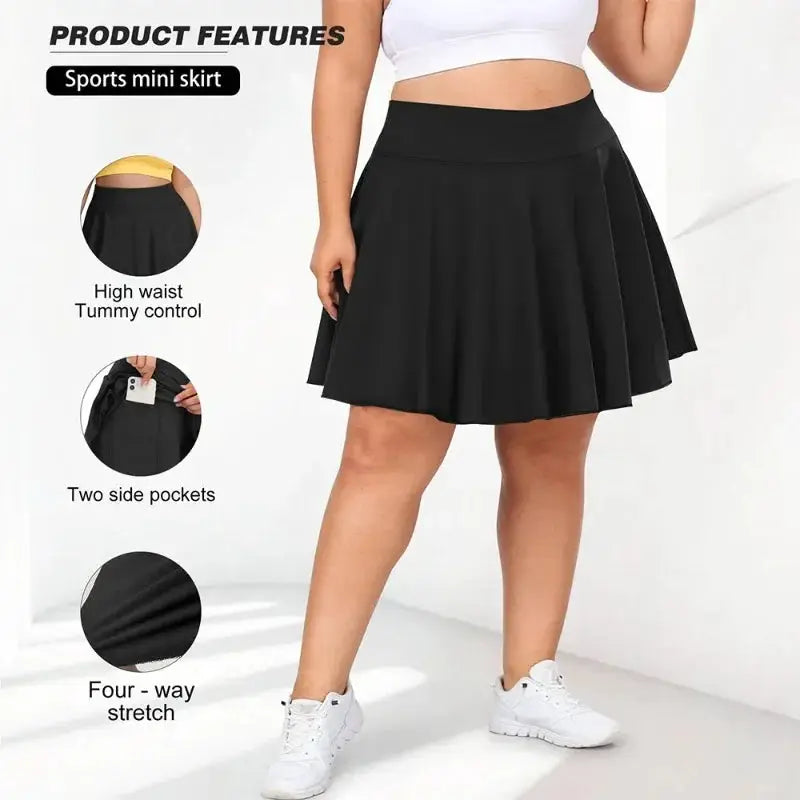 Simples Market plus-size black fitness short skirt with high waist, pockets, and four-way stretch.
