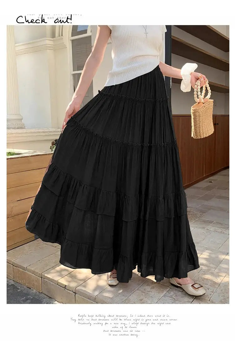 Simples Market black tiered ruffle-hem maxi skirt with high-waist chiffon layers