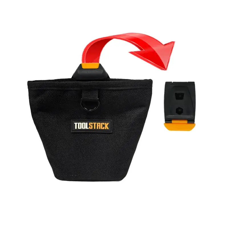 ToolStack waist tool bag, black high-capacity tool organizer with orange clip and accessory