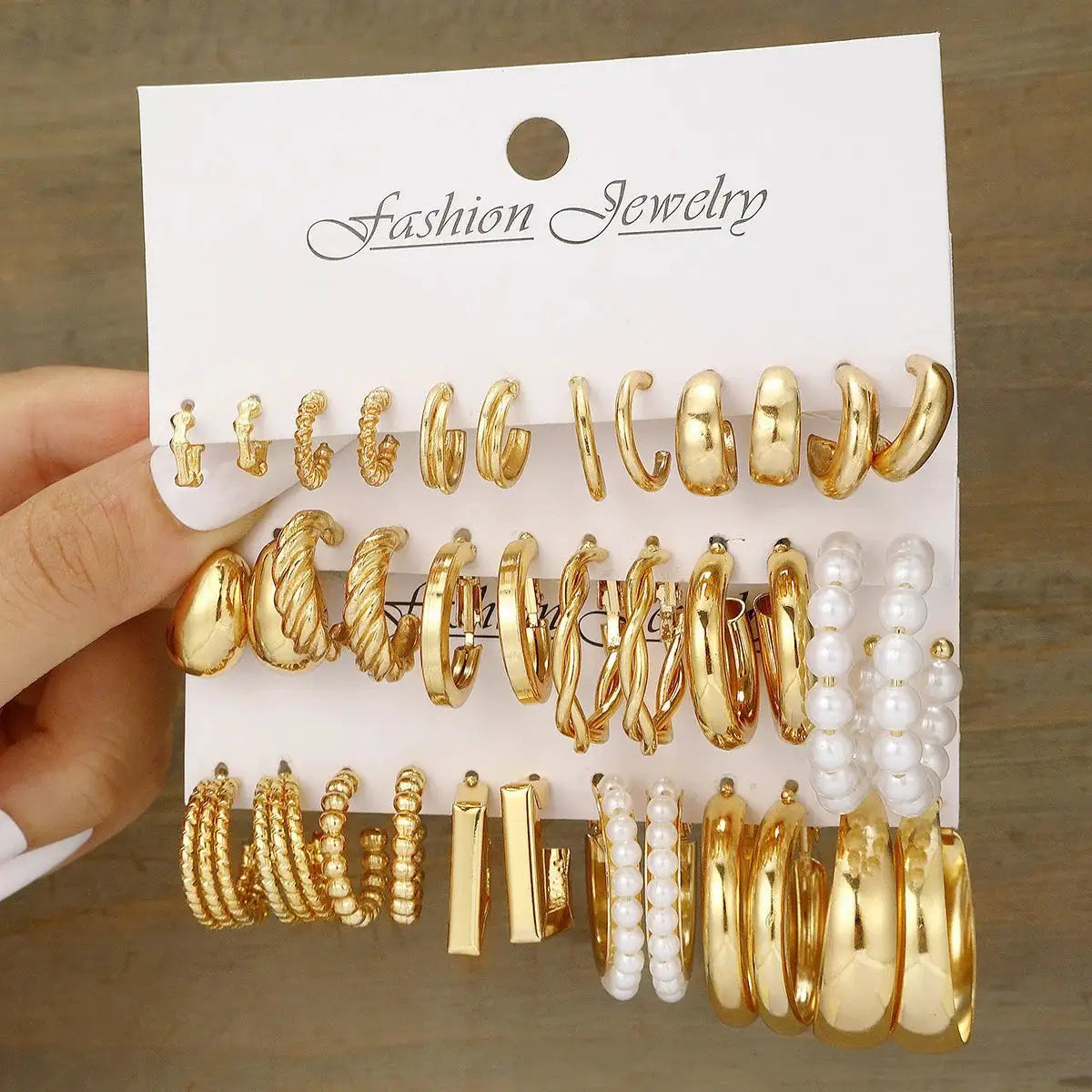 Gold-tone geometric hoop earring set for women with pearl beads on display card