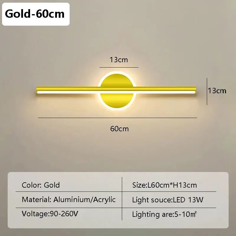 Modern gold LED wall lamp, 60cm long with circular backplate halo, aluminium/acrylic finish by Simples Market
