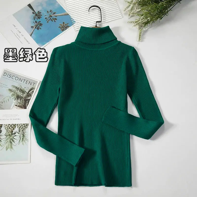 Women Turtleneck Sweater Slim Fit Elastic Knit Acrylic Cotton Blend Medium Stretch Solid Black