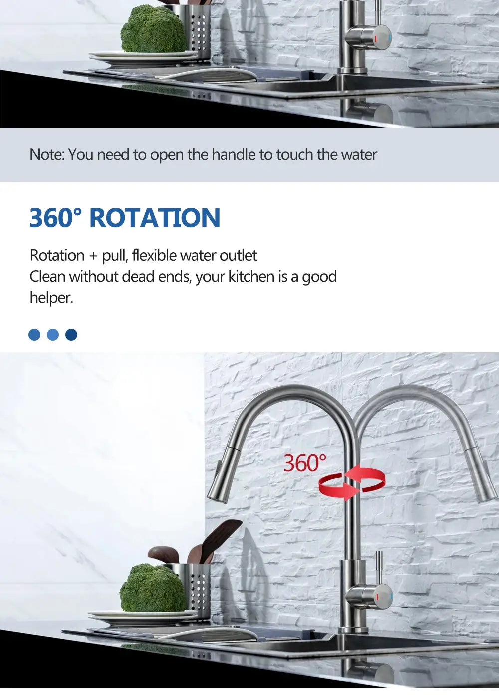 DQOK pull-out kitchen faucet, brushed nickel stainless steel with touch control and 360-degree rotation