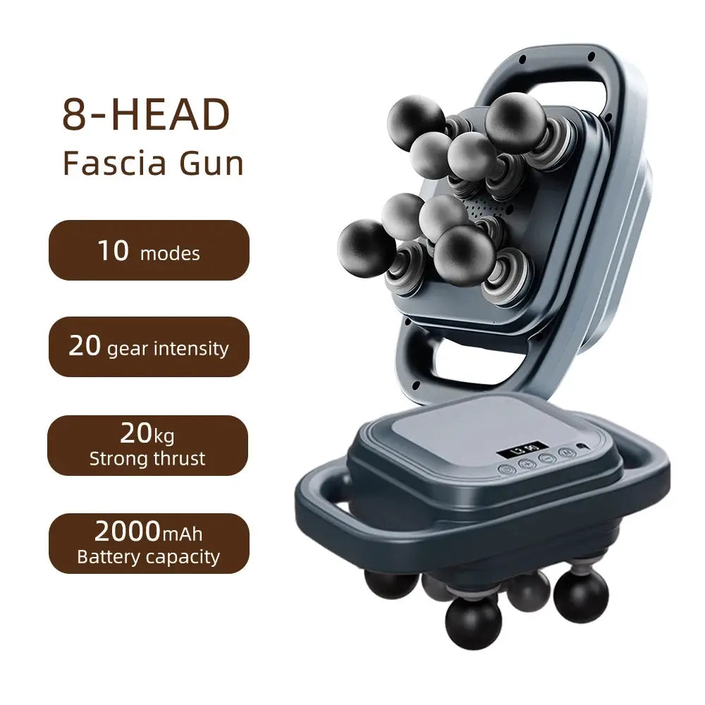 8-head fascia gun massager with dark gray body and round massage heads; built-in display