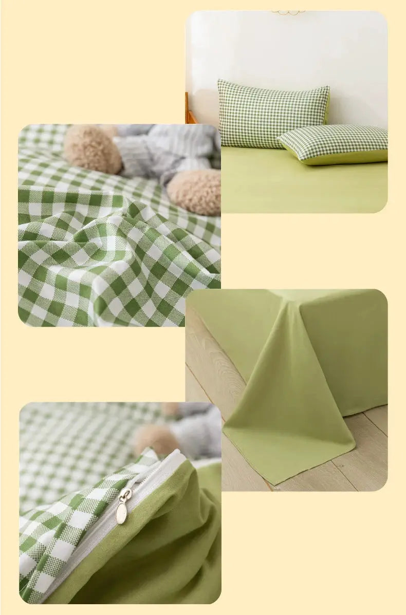 Green gingham bed set with duvet cover and pillowcases, zipper closure, full/queen/king size.