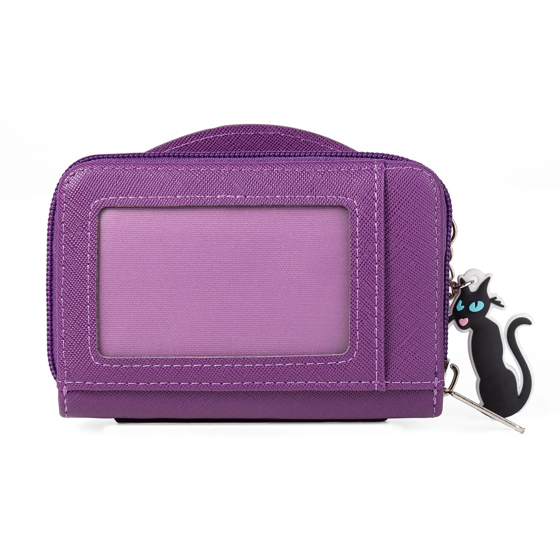 Caroline Sweet cartoon coin purse by Simples Market, purple textured mini wallet with zipper and keychain charm