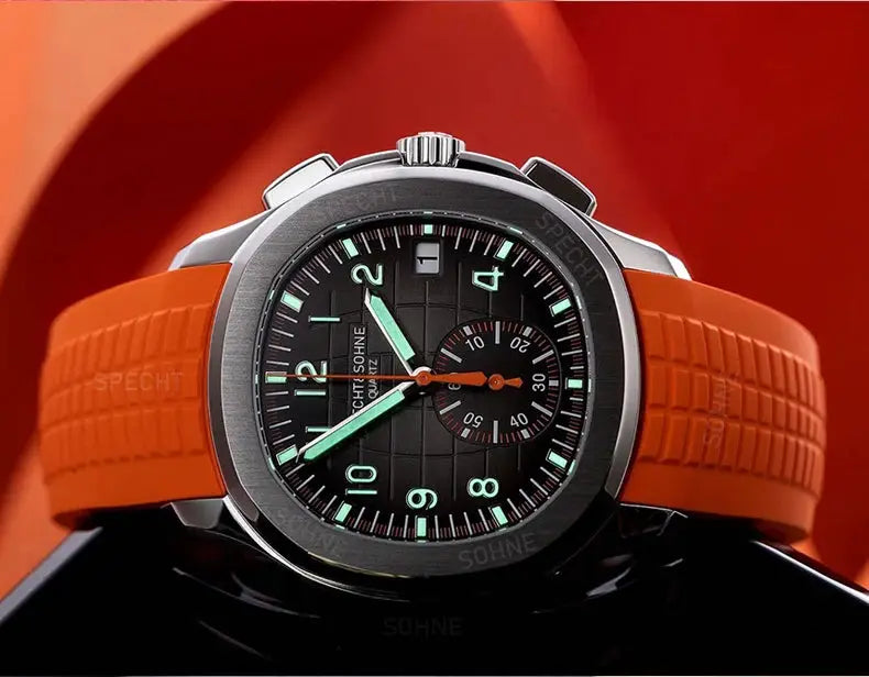Specht & Söhne New Classic 5167 men's watch with orange rubber strap, black dial, sapphire crystal.
