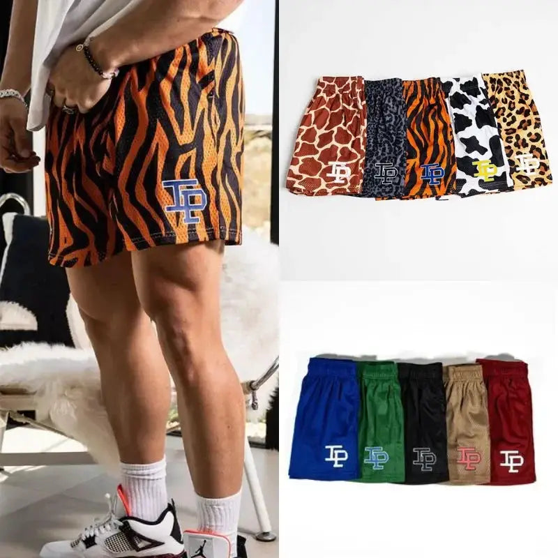Men's quick-dry sport shorts by Simples Market with TP logo; tiger, giraffe, zebra prints and solid color options.