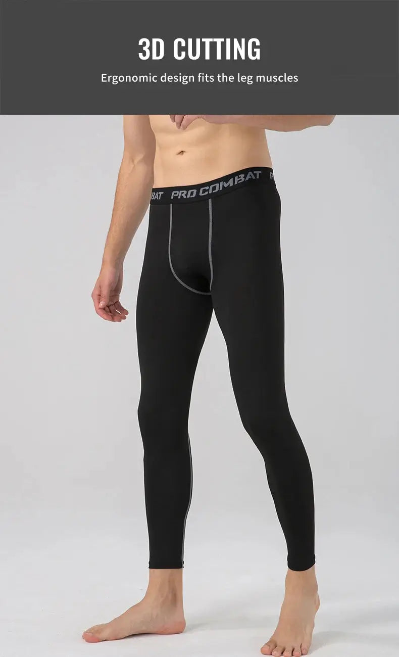 Men's black compression pants with gray piping and PRO COMBAT waistband, polyester dry-fit gym leggings.