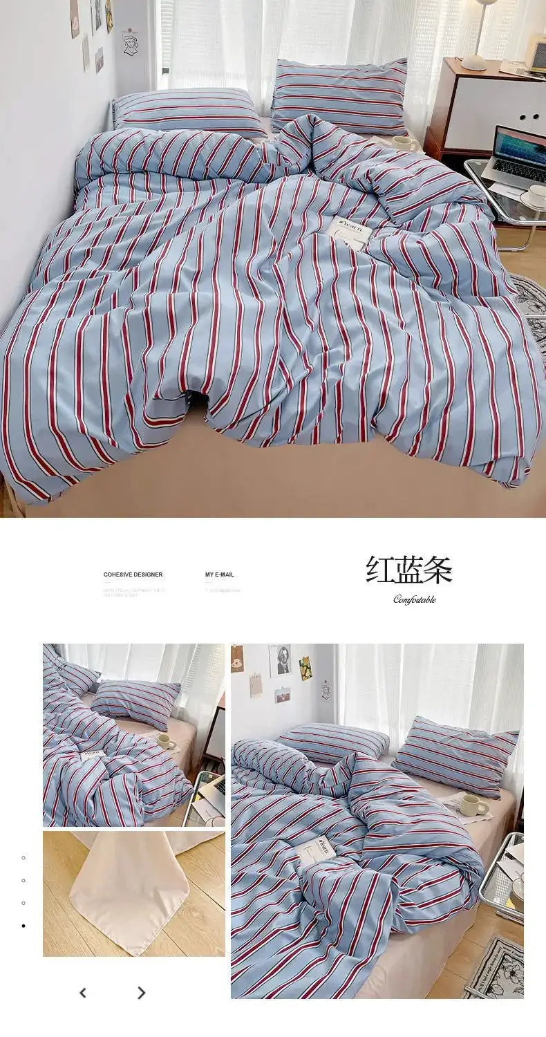 Duvet cover and four-piece bed sheet set in red and blue stripes, washed cotton, by Simples Market